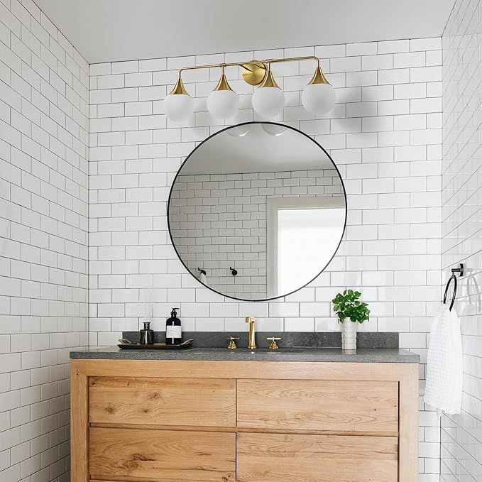 Bathroom Vanity Light Fixtures: 4 Lights Mid Century Modern Bathroom Lighting Fixtures Over Mirrors - Brass Gold Wall Sconce with Milky Glass Ball Shades for Bath Bedroom