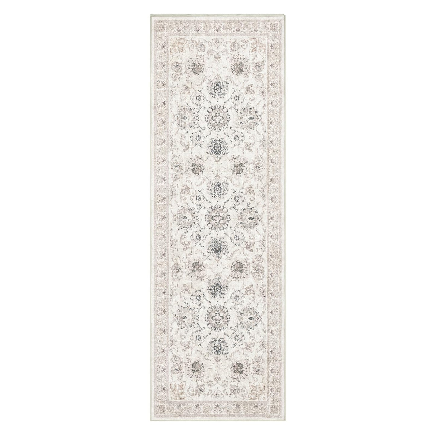 Phantoscope Washable Runner Rug 2'x6' Non-Slip, Vintage Neutral Hallway Rugs for Entryway, Stair, Bedroom, Distressed Boho Floral Medallion Pattern, Low-Pile Foldable Carpet, Cream Beige/Neutral