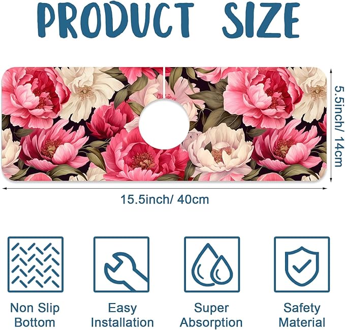 Garden Flowers Sink Splash Guard Faucet Mat Watercolor Peonies Super Absorbent