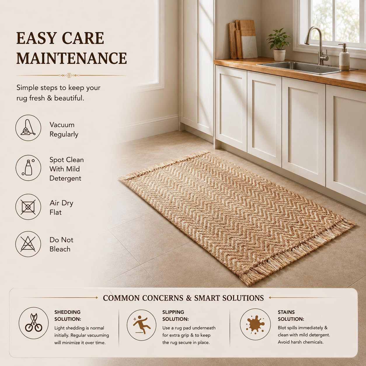 Chevron Weave with Fringes Woven Area Rug 2x3 Ft - Beige, Small Soft Decorative Reversible Front Door Mats Ideal for Entryway, Kitchen, Nursery, Office | Farmhouse Brown Accent Indoor Space Decor Mat