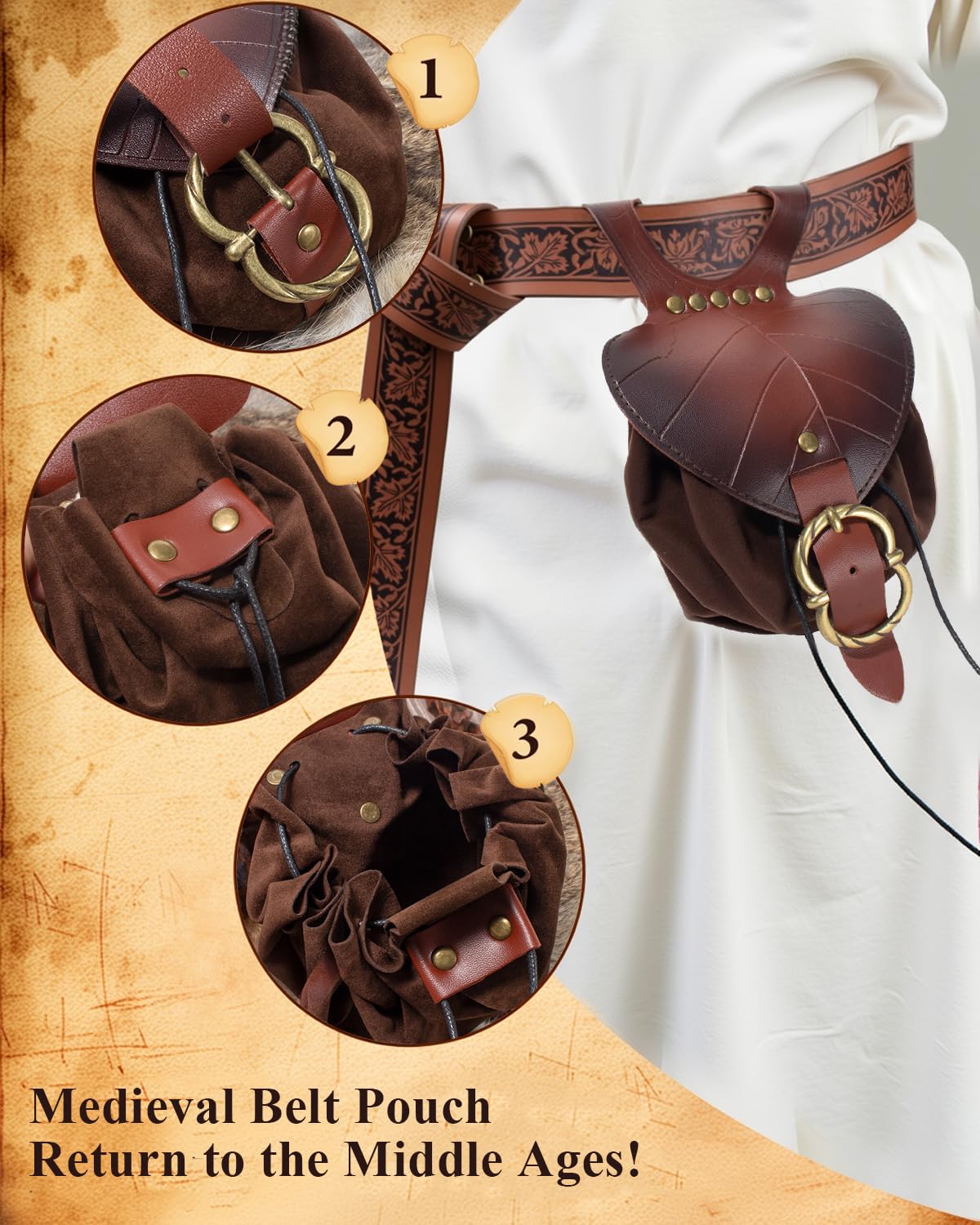 Belt Pouch Waist Bag Fanny Pack Steampunk Phone Holder Medieval Bag Leather Belt Renaissance Cosplay Costume Accessories (Leaf Brown)
