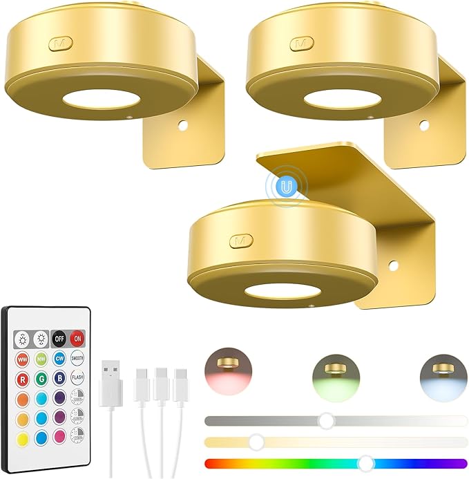 3PCS Picture Lights, Rechargeable Battery Magnetic Poster Lights with 3 Color Temps&12 RGB, Dimmable and Timer Metal Art Light for Display, Wall, Artwork, Gallery (Gold)