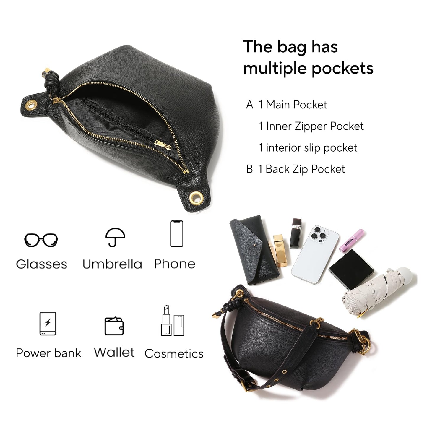 ITAMOOD Genuine Leather Waist Packs for Women, Fashion Fanny Pack Belt Bag, Luxury Designer Trendy Crossbody Bag, Festival Bum Bags for Sports Traveling Running With Chain Straps