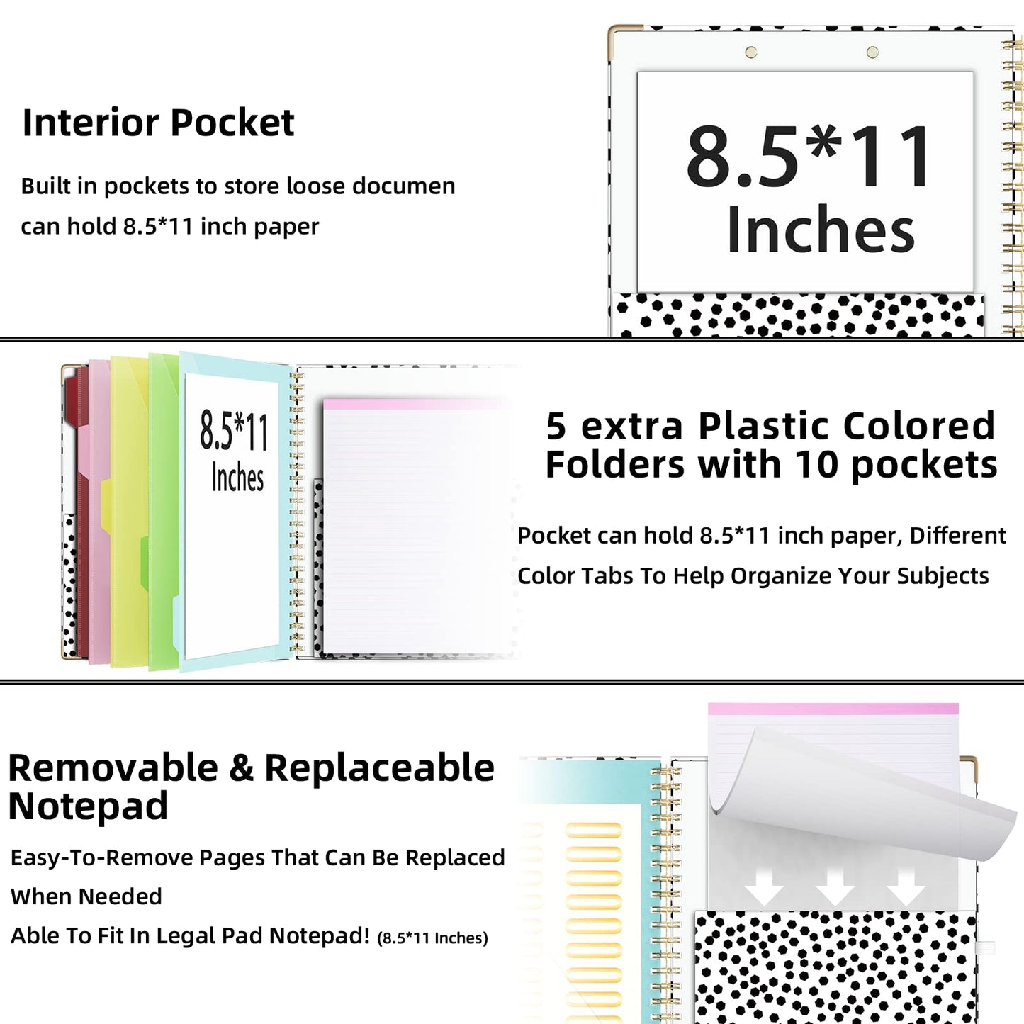 Ospelelf Clipboard with Storage 8.5 X 11，Padfolio Organizer, Spiral Portfolio Letter Size with Notepad, Pen Holder, 5 Extra Folder Divider Pages, Elastic Closure Nurse Office Essentials (Polka Dots)