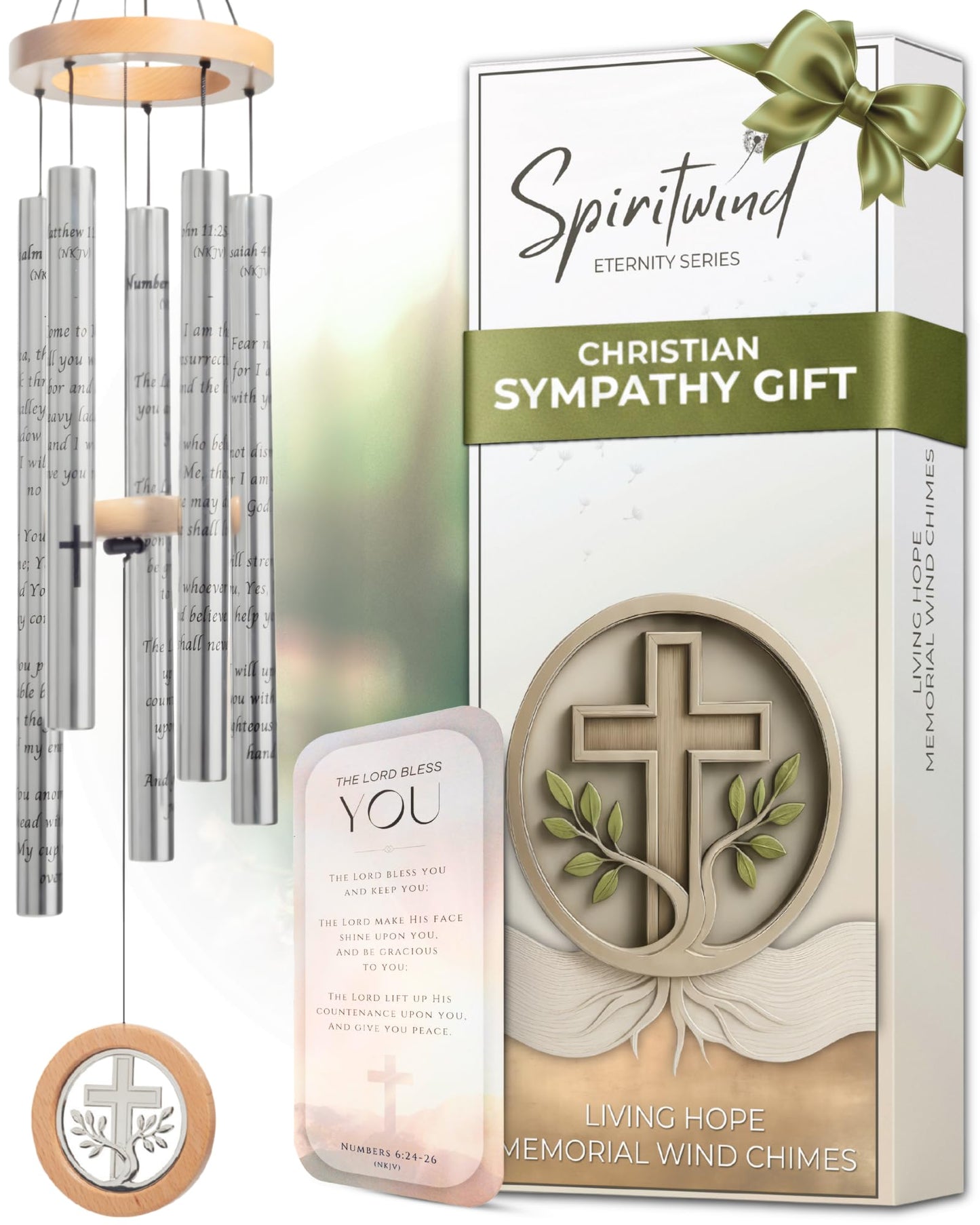 Living Hope Christian Memorial Wind Chimes for Loss of Loved One - Beautifully Packaged Sympathy Wind Chimes for Outside with Sympathy Card & Floral Keepsake - Religious Memorial Gifts for Loss (32")