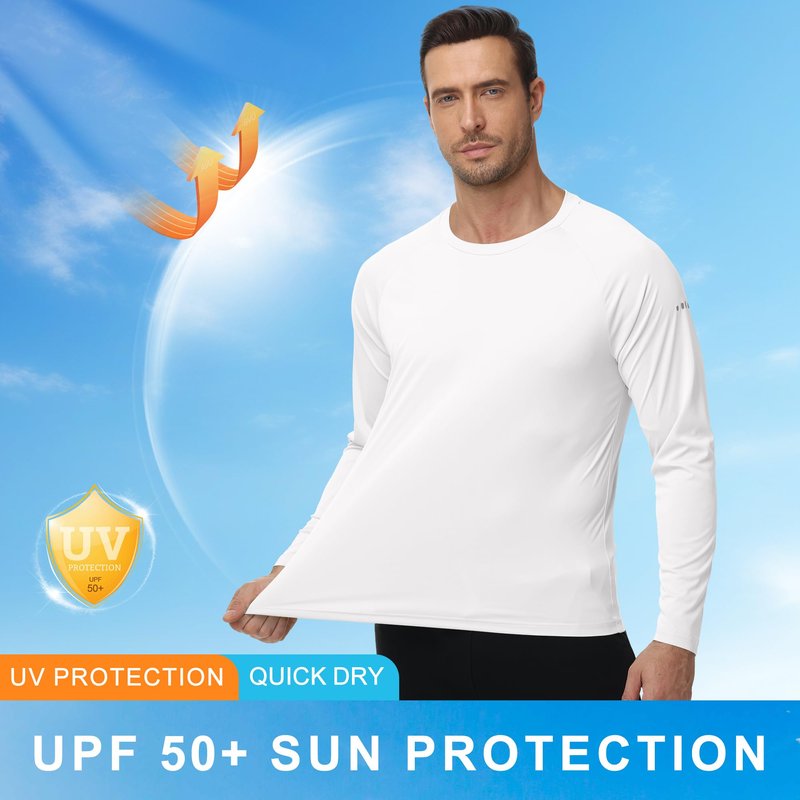 Men's Long Sleeve Rash Guard Swim Shirts UPF 50+ Sun Protection Dry Fit T-Shirt Athletic Tops for Running Hiking Fishing White XL