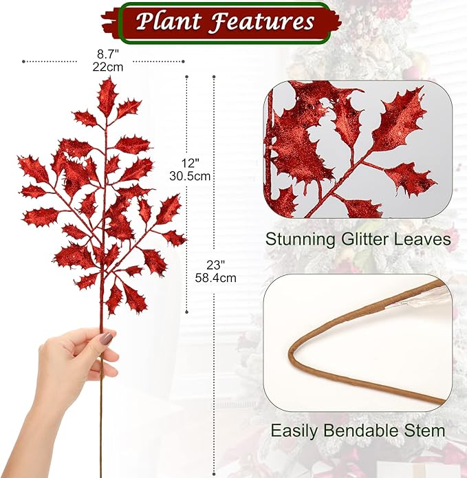 DILATATA 6Pcs Christmas Glitter Leaves Holly Leaves 23" Artificial Red Holly Leaf Picks Sprays Giltter Stems for Christmas Tree DIY Xmas Wreath Garland Home Decor - Red