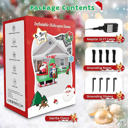 FunFanso 6.5FT Christmas Inflatable Santa Claus on Helicopter Outdoor Decorations with Bright LED Lights, Christmas Blow Up Santa Flying Airplane with Penguin for Xmas Decor Lawn Yard Holiday Party