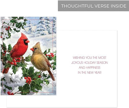 Masterpiece Cardinal Couple Christmas Cards / 16 Festive Holiday Cards With Coordinating White Envelopes Set / 5 5/8" x 7 7/8" Winter Cardinals Greeting Cards With Inside Verse/Made In The USA