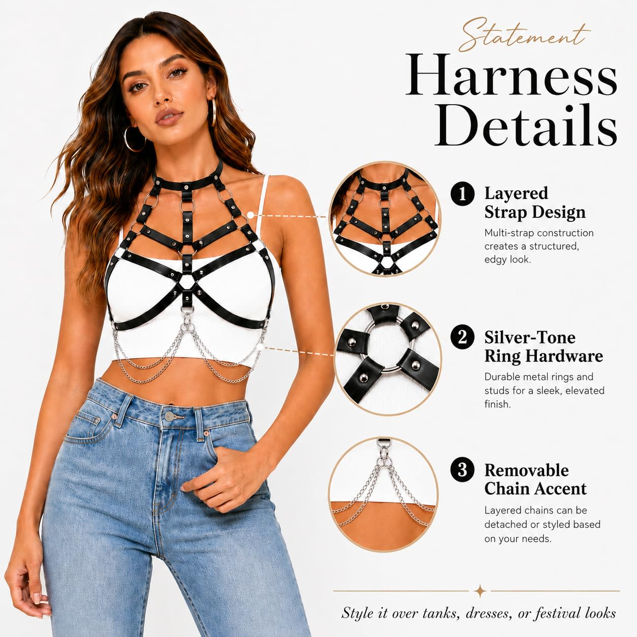 Women‘s Leather Chest Harness Top – Gothic Black Body Strap Belt, Punk Chain Harness for Festival Cosplay Rave Party Outfit