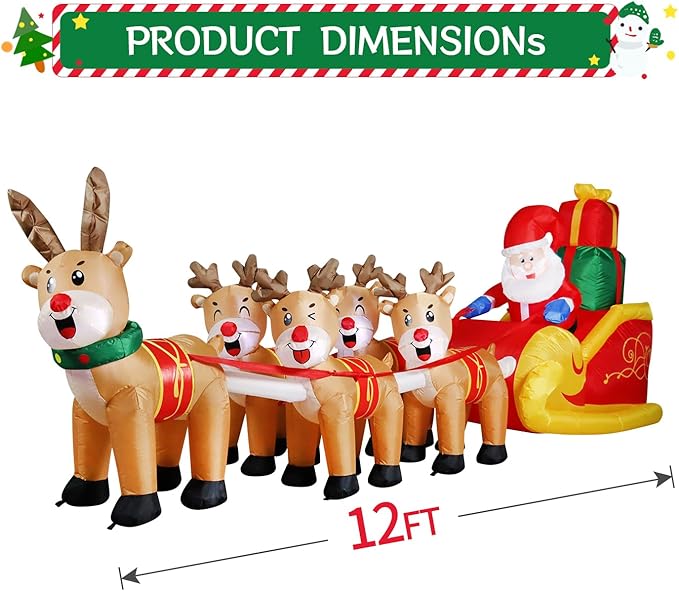 DomKom 12 FT Christmas Inflatable Outdoor Santa Claus on Sleigh with Five Reindeer, Building LED Lights, Blow Up Yard Decoration for Party Garden Lawn Winter Decor
