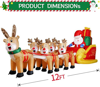 DomKom 12 FT Christmas Inflatable Outdoor Santa Claus on Sleigh with Five Reindeer, Building LED Lights, Blow Up Yard Decoration for Party Garden Lawn Winter Decor