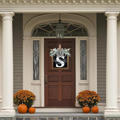 Ultra Large 14'' Last Name All Year Round Front Door Wreath with 26 Initial Letter Welcome Sign All Seasons Eucalyptus Garland and Bow Wreaths for Front Door Porch Farmhouse Decoration (S)