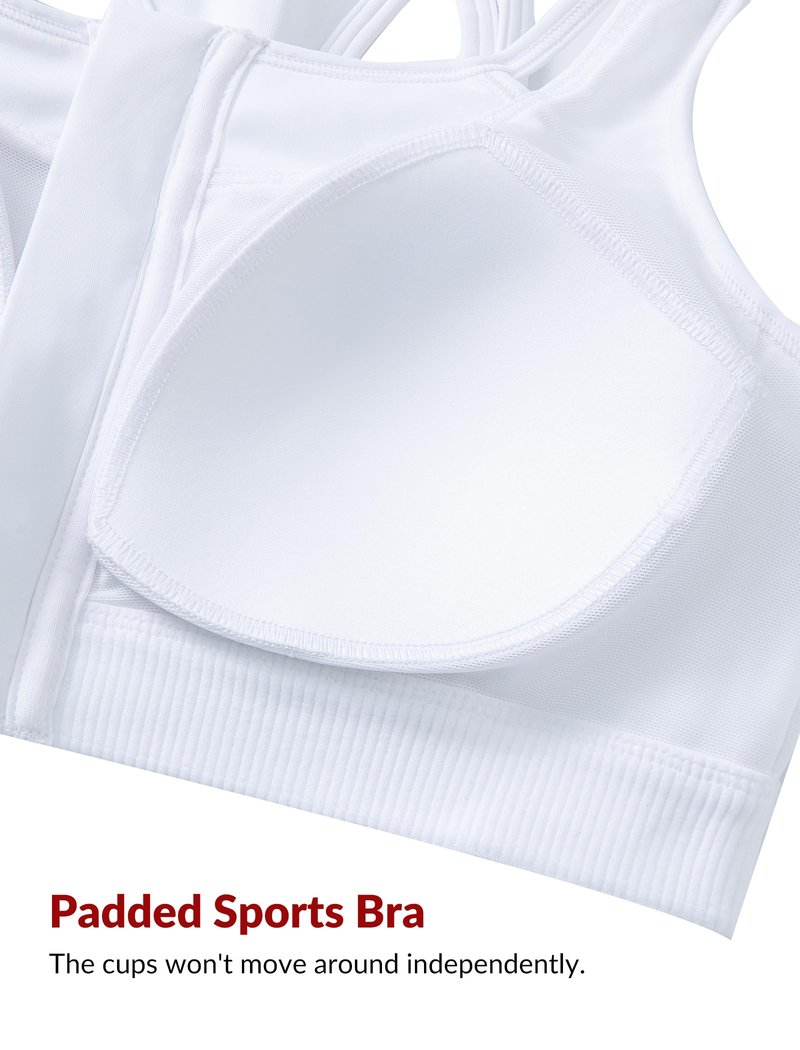 Yvette Zip Front High Impact Sports Bras for Women Lace Mesh Supportive Bras for Workout, White, M