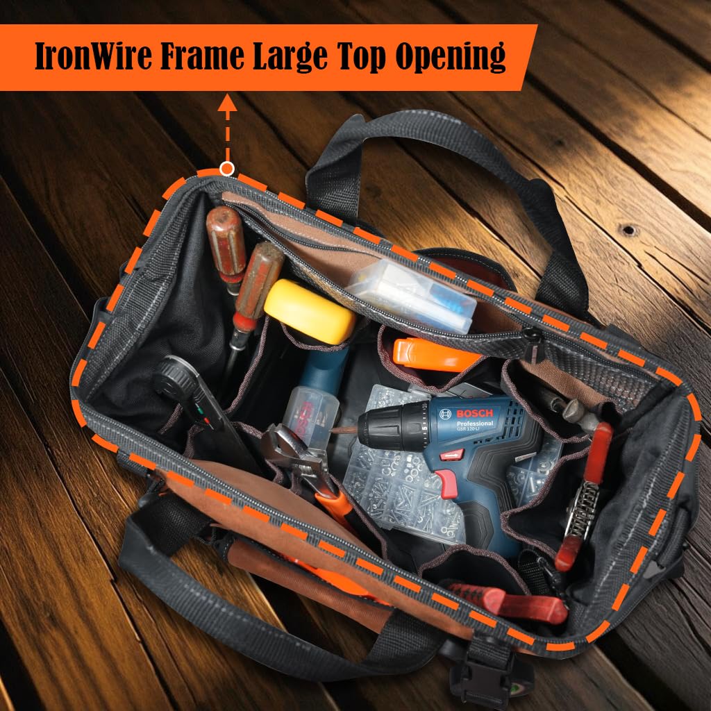 WELKINLAND 22-Pockets Hard Bottom Tool Bag, 14-Inch Waxed Canvas Tools Bag, 25L Heavy Duty Electrician Bags, HVAC Service Bags, Mechanic, Technician Tool Bag