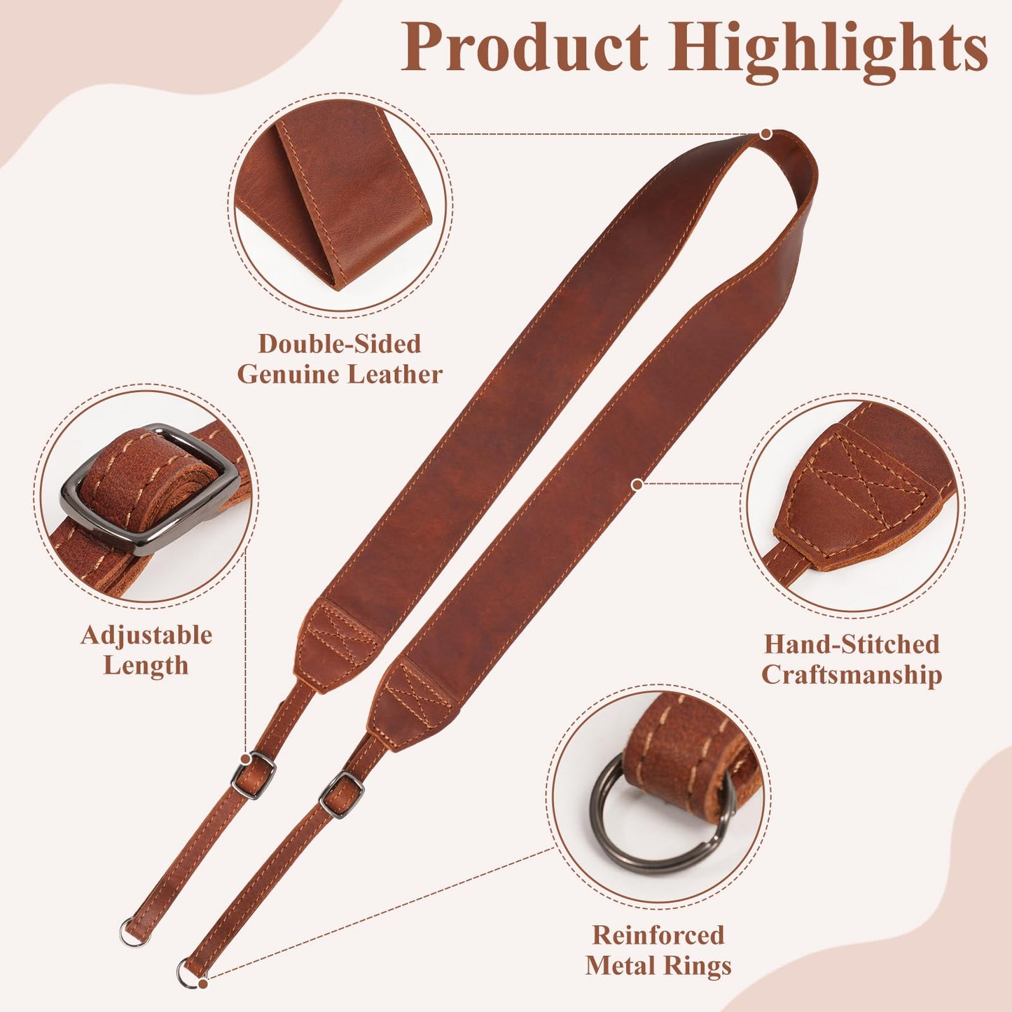 MCKDERWRILL Leather Camera Strap, Universal Camera Shoulder Strap, A Neck Strap with Split Ring Compatible with DSLR,SLR, Photographers Women Men（Brown）