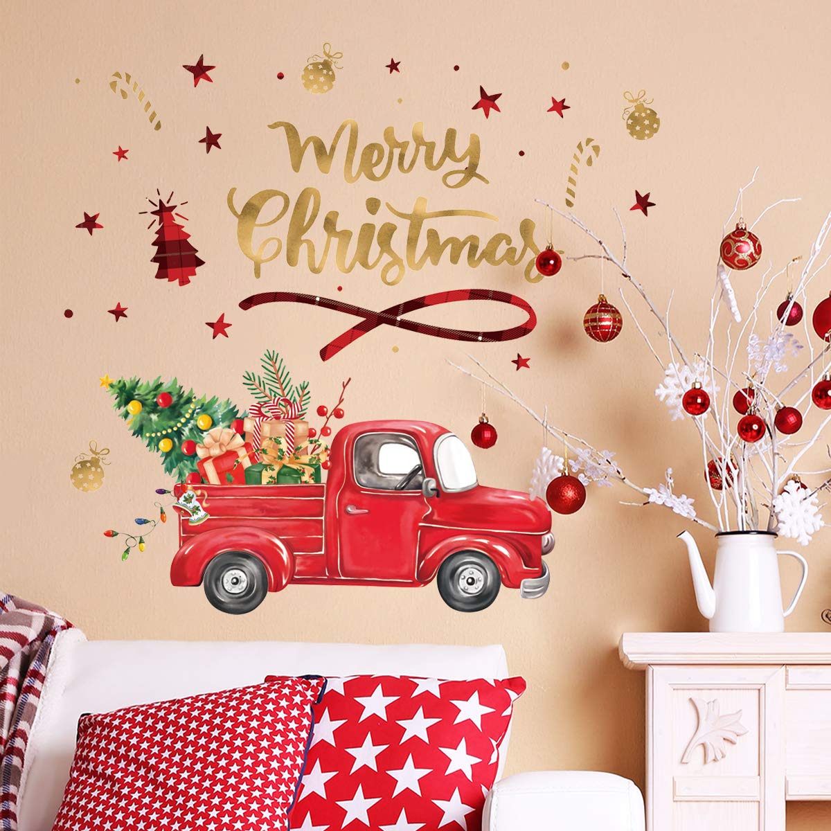 decalmile Merry Christmas Wall Decals Christmas Tree Truck Wall Stickers Dining Room Kitchen Door Window Glass Decoration Gifts