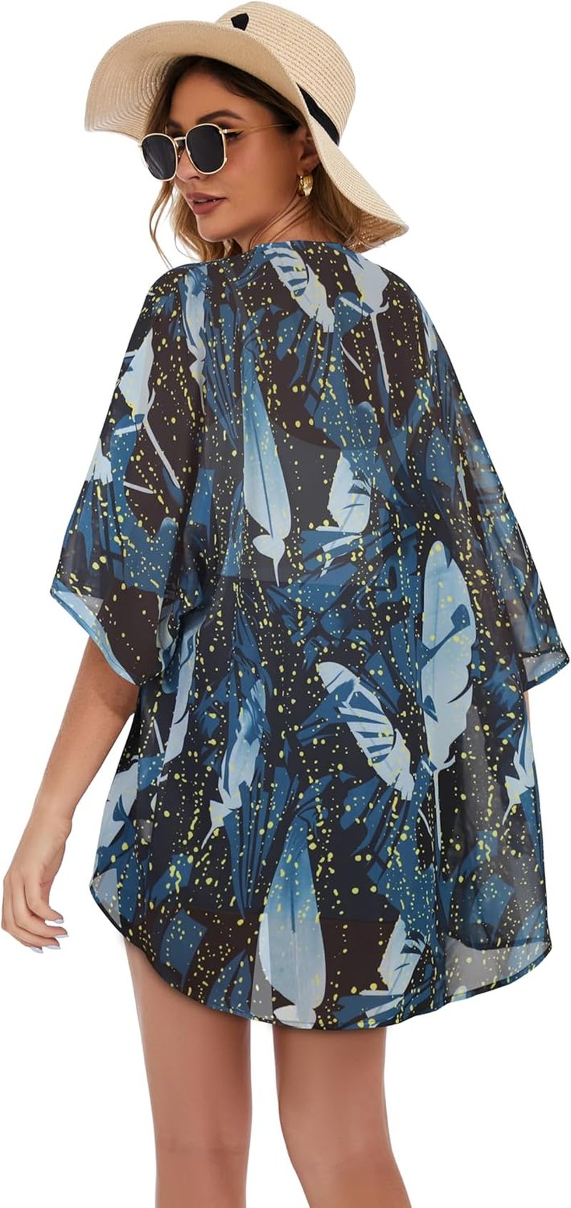 Floral Print Puff Sleeve Kimono Cardigan - Casual Women's Cover-Up Blouse Tops