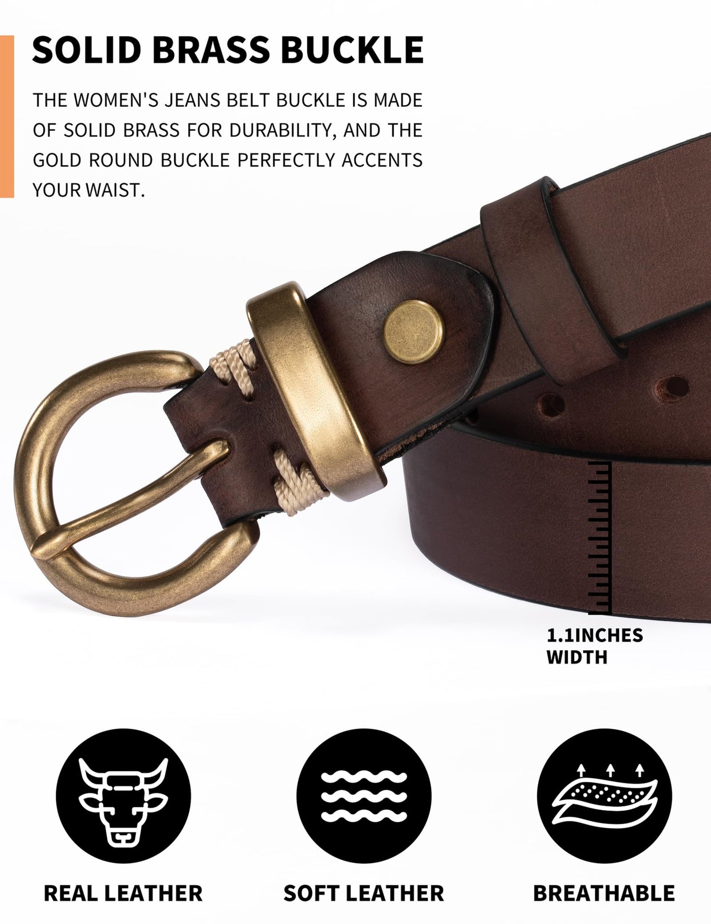 TYWestyles Womens Belt for Jeans Genuine Leather Belt Vintage Solid Brass Circle buckle Gift Box Packaging