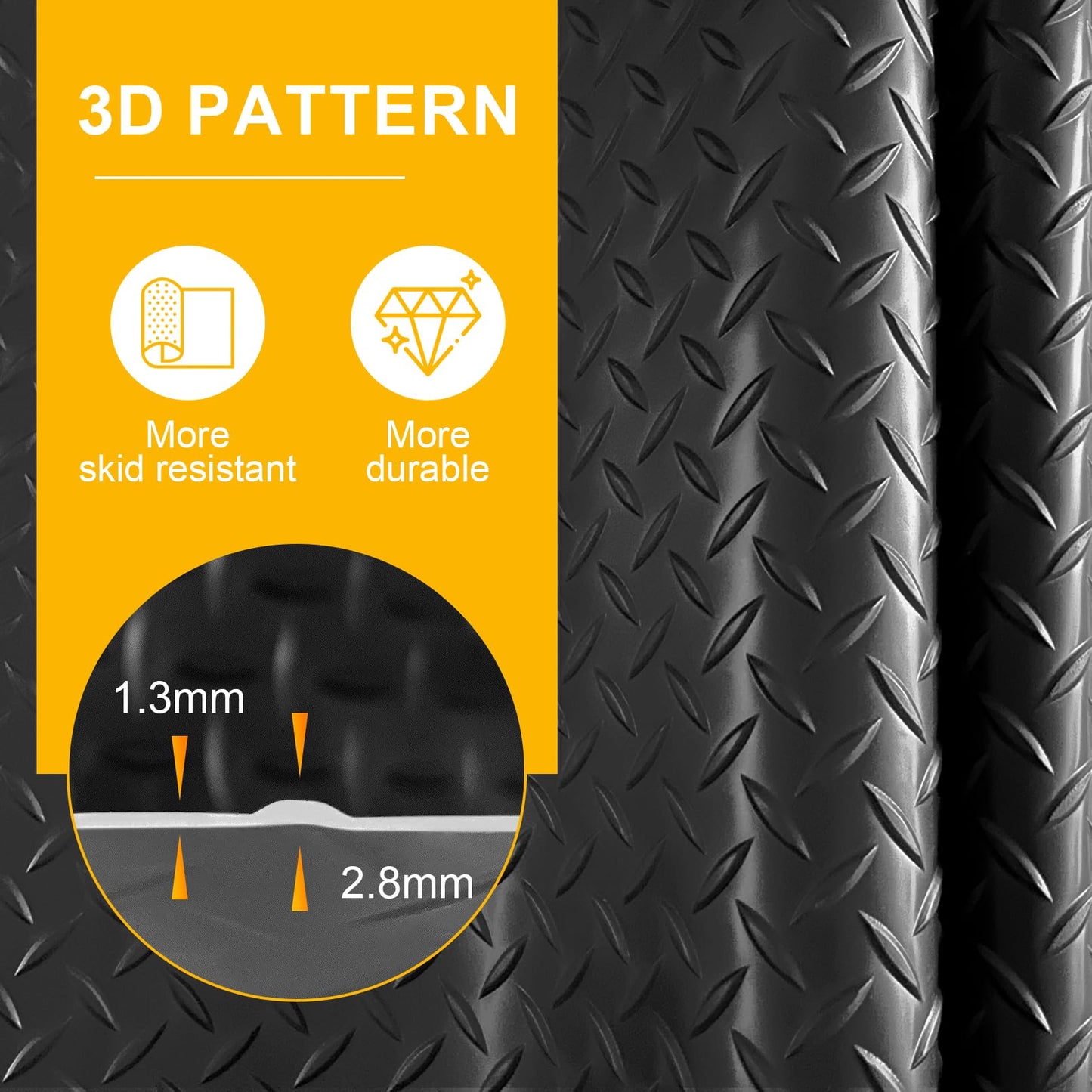 Grandroad auto 8x20 FT Garage Floor Mat, 2.8mm Thickened Flooring Roll for Under Car Diamond Plate PVC Rubber Mat with 20 Pcs Tapes, Non-Slip Floor Mat for Garage, Warehouse, Gyms, Trailer, Black