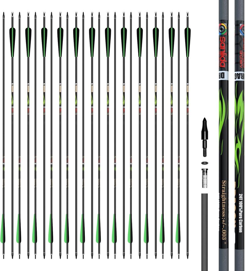 Sanlida 100% Pure Carbon Hunting Arrows - Olympic-Grade 10 Spine Deflection | 0.001" Straightness, 12/24 Pack