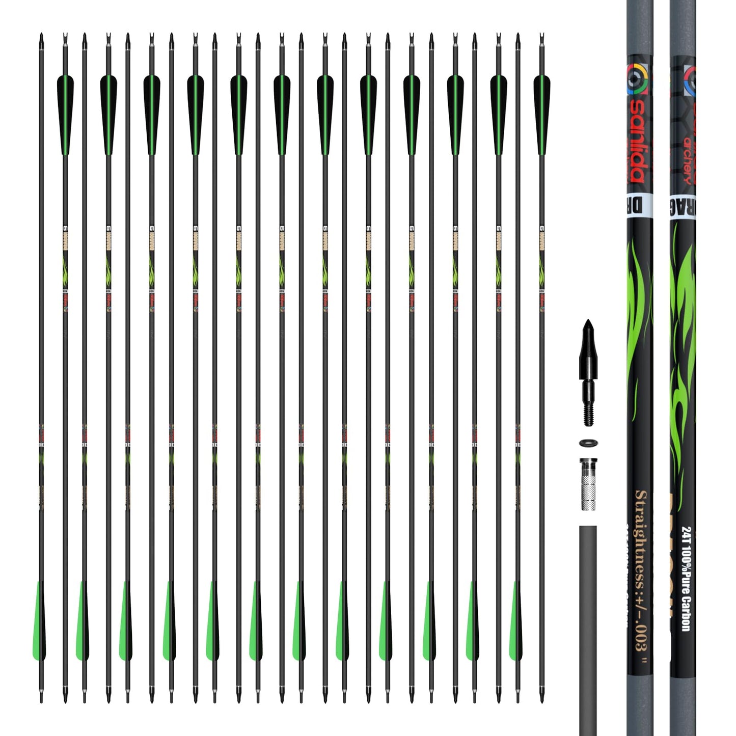 sanlida 24 PCs, 100% Pure Carbon, 0.003'' Straightness, Dragon 9 Flagship 24T Carbon Hunting Arrows for Compound Bow, Professional Standard Hunting Arrows with Removable Tips (320 Spine)