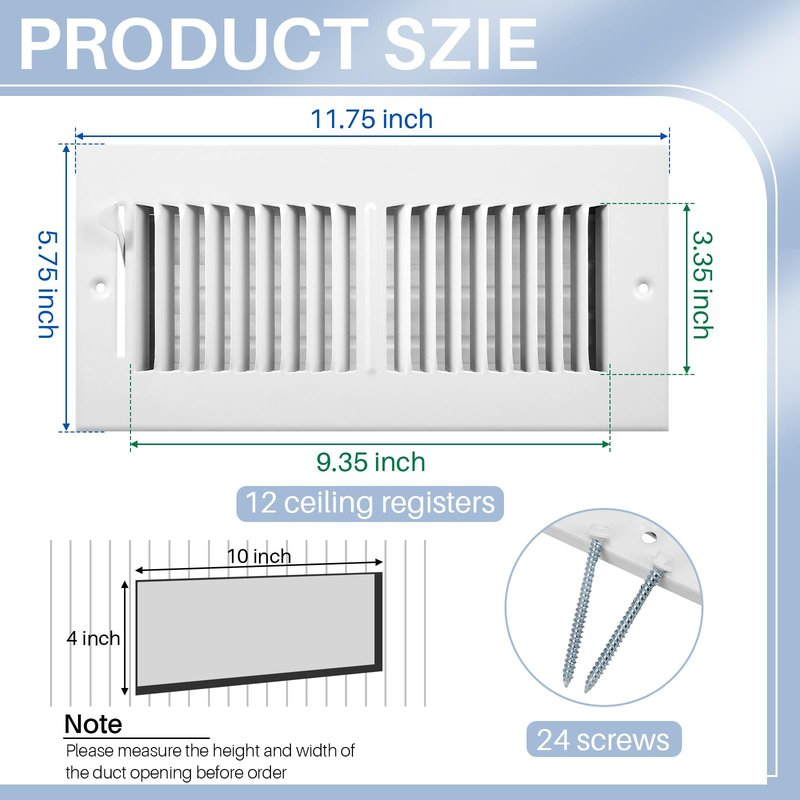 Zonon 12 Pcs 10 x 4 Inch (Interior Size) air Vent Cover Ceiling Register Grill Duct Opening Air Supply Diffuser 2 Way Steel Sidewall Ceiling Vent Covers Inlet Manual Adjuster for Home, White