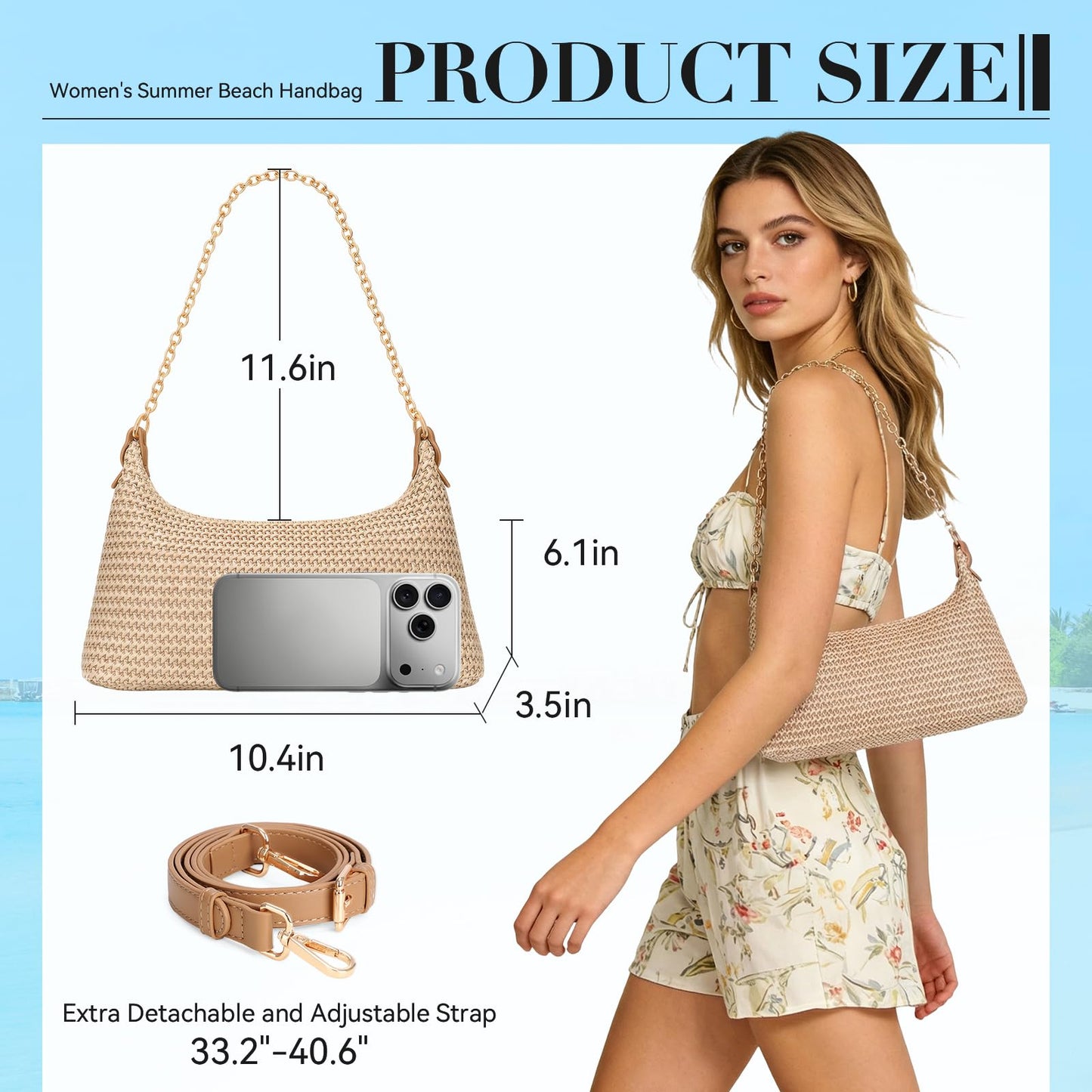 XquiziFit Beach Bags for Women Summer Straw Purse Boho Woven Shoulder Bag Crochet Purse Vacation Tote Handbag Khaki