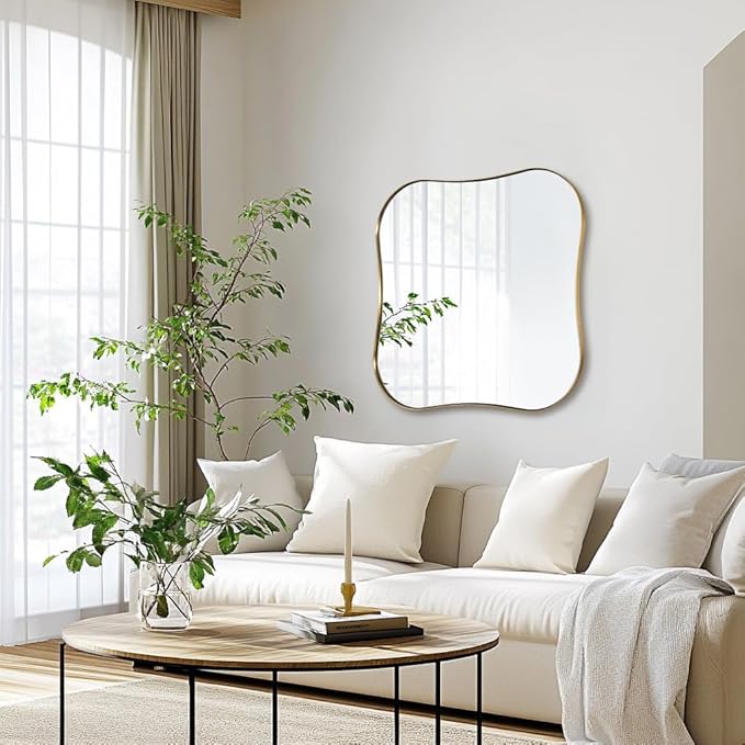 ANDY STAR 24"x24" Brushed Brass Square Mirror, Gold Scalloped Mirror with Unique Notched Edges Design in 1 Inch Stainless Steel Metal Frame for Home Bathroom Wall Mounted