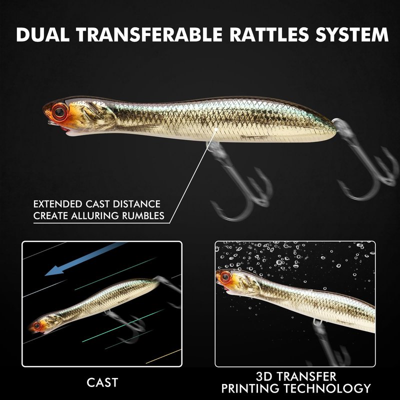 TRUSCEND Pencil Fishing Lures with VMC/BKK Hooks, Pencil Plopper, Floating Pencil Popper, Dog Walker for Freshwater and Saltwater, Long-Cast Fishing Lures or Quake Sinking Pencil Baits Teasers