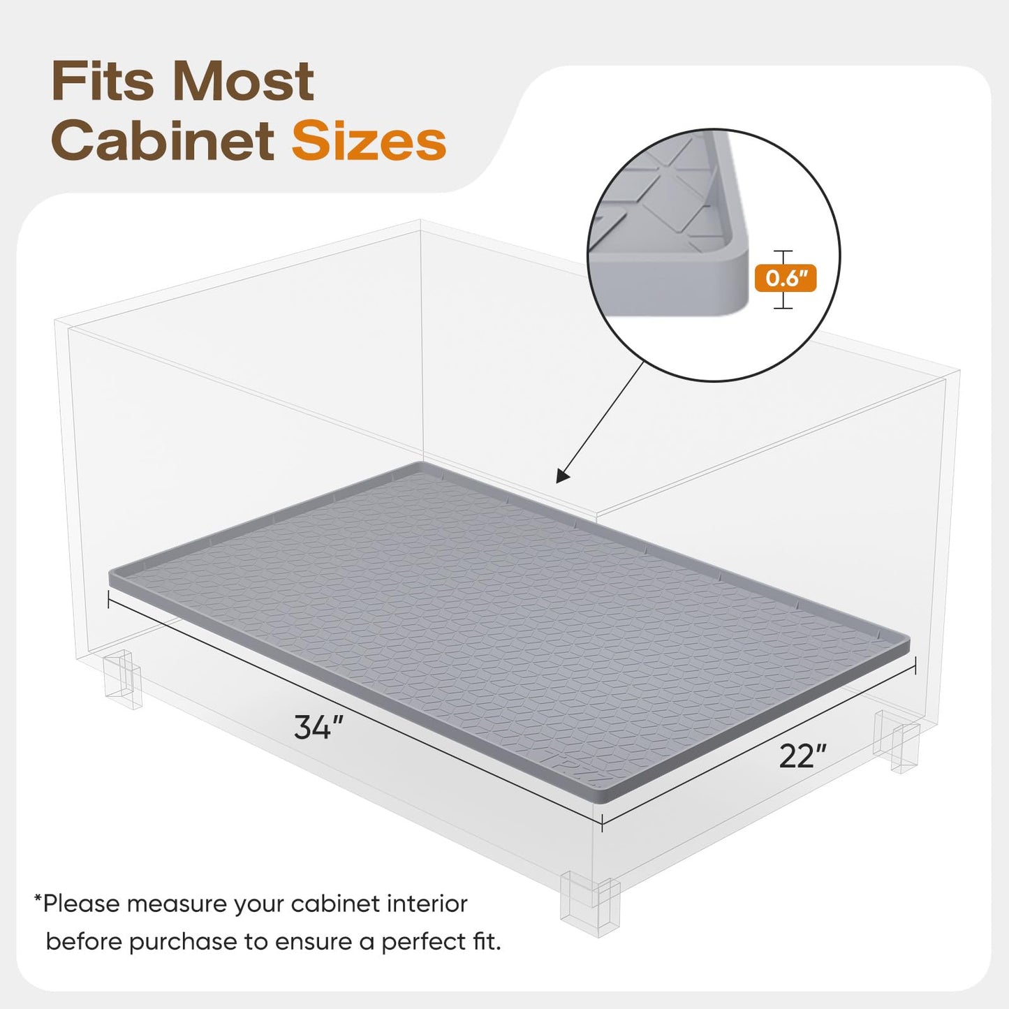 TRZZ Silicone Waterproof Under Sink Mat 34" x 22", Drip Tray and Cabinet Liner for Kitchen and Bathroom, Prevents Water Damage and Organizes Cabinets (Grey)