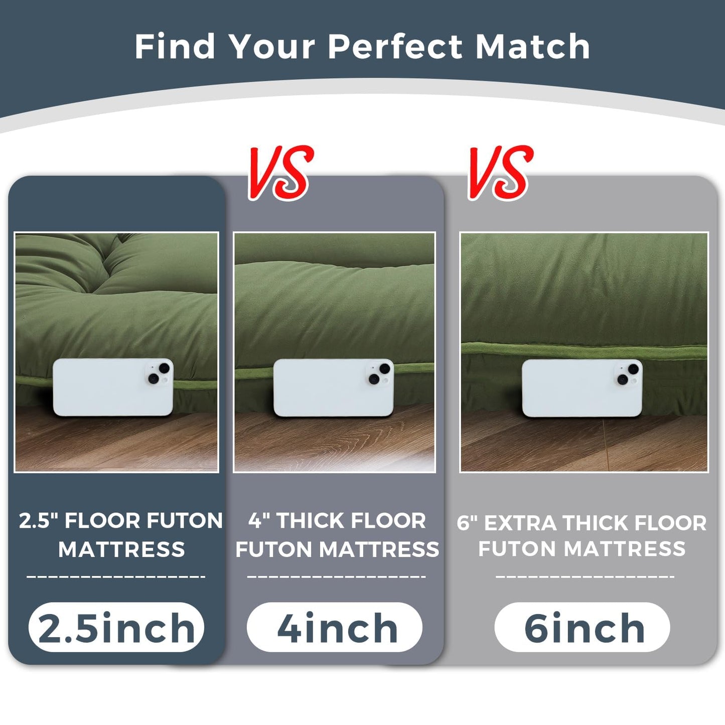 MAXYOYO 6" Extra Thick Japanese Floor Mattress Futon Mattress, Foldable Tatami Pad for Adults, Roll Up Floor Mat for Living Room Guest Room RV, Green, Queen