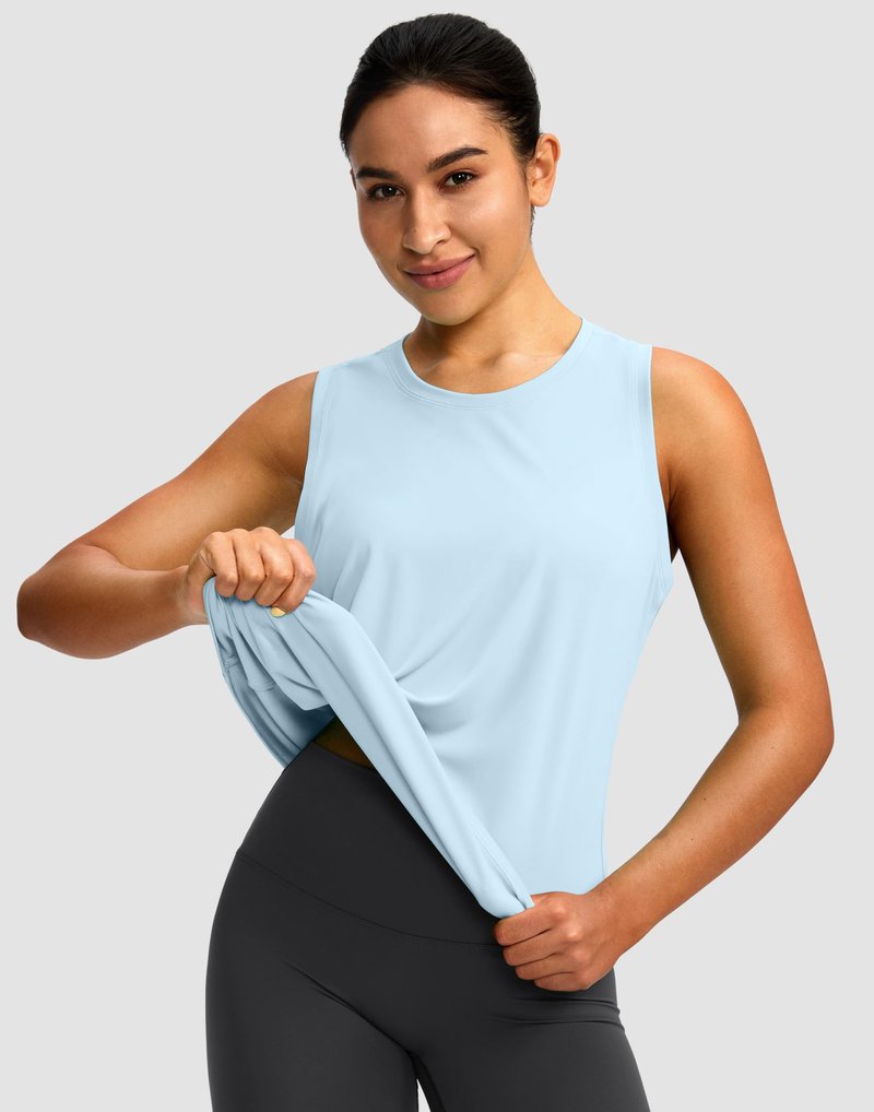 Women's Workout Tops Racerback Athletic Tank Tops Sleeveless Loose Fit Yoga Running Gym Shirts for Women(Blue Linen,L)