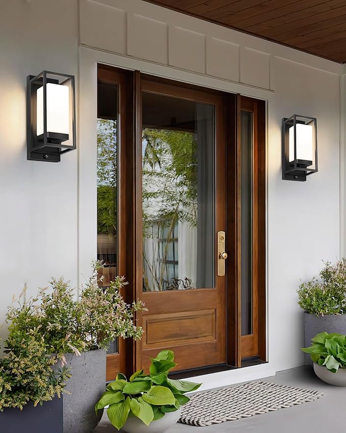 SHIMR Outdoor Wall Light with Dusk to Dawn Sensor, Black Outdoor Light Fixture with LED Bulb Included, E26 Base, Waterproof Exterior Sconce for Porch Garage Front Door