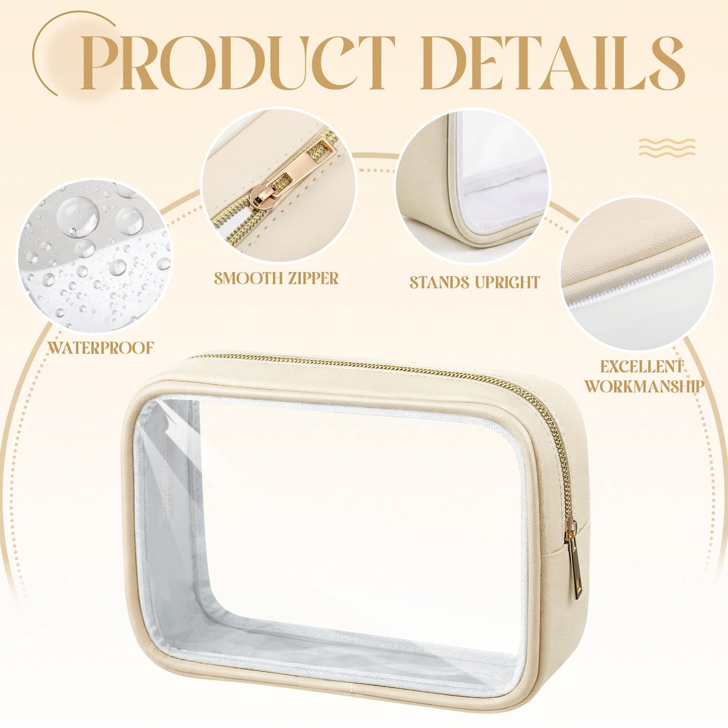 Abbylike 6 Pcs Clear Makeup Bags Bulk PU Leather Cosmetic Pouches Transparent Toiletry Bags with Zipper Waterproof Purse Skincare Car Organizer for Girl Women Travel Gifts(Beige)