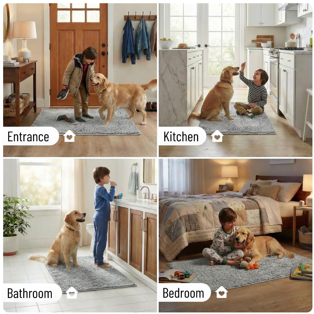 Miss Mila®| Dog Door Mat for Muddy Paw, Super Absorbent Chenille Pet Rug for Indoor Entryway, Non-Slip Washable Dirt Trapping Mats for Dogs & Cats, 24"x36" Grey