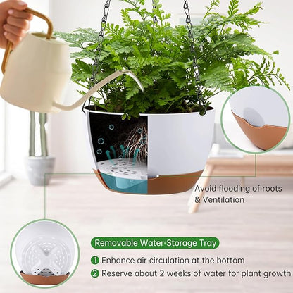 Set of 2 8 Inch Self Watering Hanging Planters for Indoor Outdoor Plants, Color Blocking Hanging Baskets Flower Pots with Drainage Hole & Removable Water-Storage Tray and 20" Chain Hanger