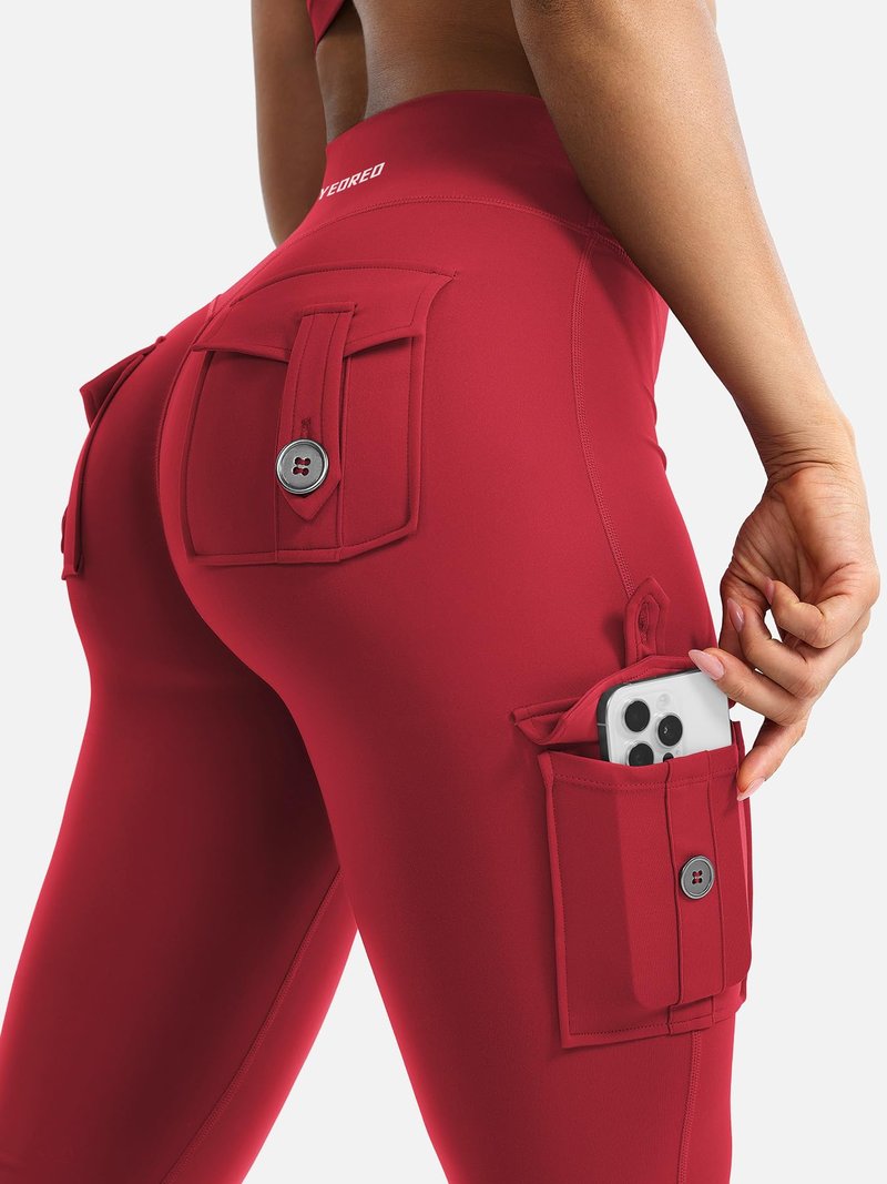 YEOREO CoreFlex Women Workout Flare Leggings with Pockets Hidden Scrunch High Waisted Cargo Gym Yoga No Front Seam Leggings 30" Inseam Red L