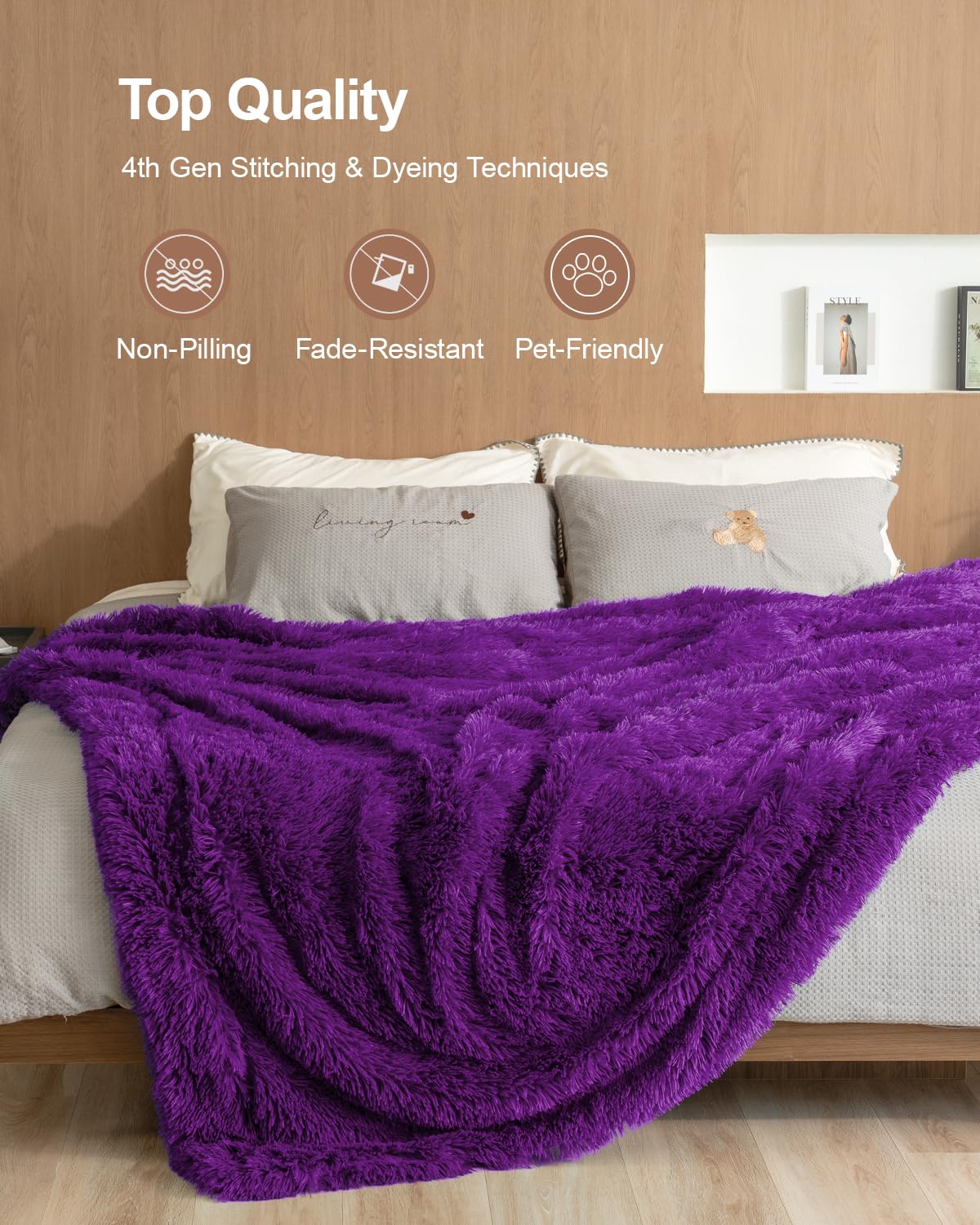 Pawque Faux Fur Blankets Twin Size 60x80 Inches, Soft Fuzzy Fluffy Blanket, Warm Thick Sherpa Long Hair Shag Reversible Lightweight Cozy Throw for Bedroom Sofa Couch, Purple