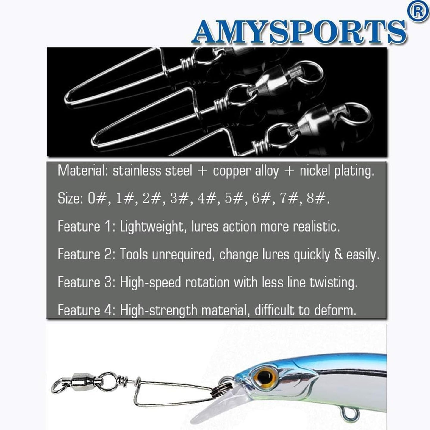 AMYSPORTS High Strength Stainless Fishing Swivels - Ball Bearing Saltwater Corrosion Resistance Barrel Swivels, 50pcs, 220lbs