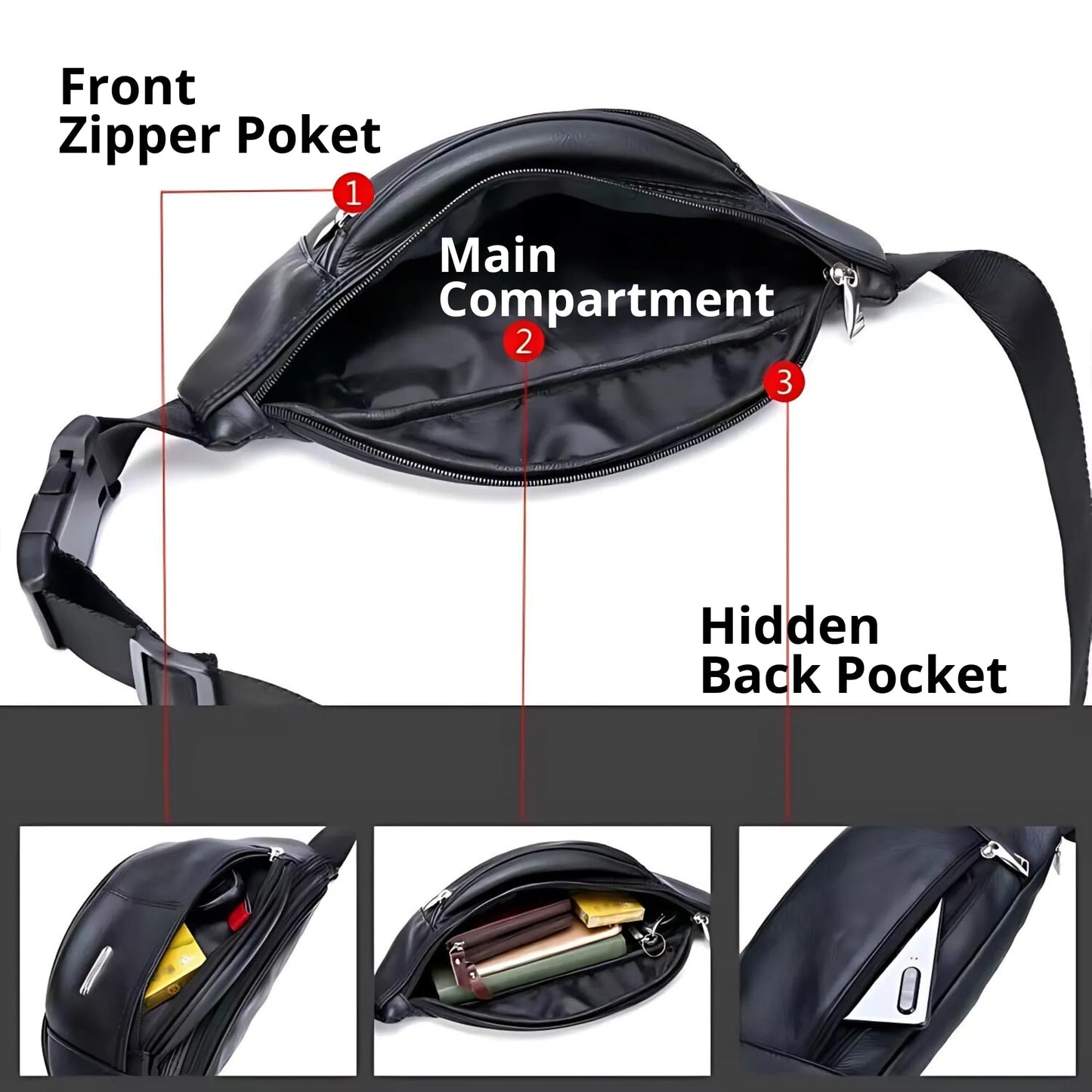 Genuine Leather Fanny Pack Bum Bag for Men – Crossbody Sling Waist Bag with 3 Pockets & Hidden Anti-Theft Pocket, Adjustable Strap, Lightweight Travel Hip Bag for Hiking, Outdoor & Daily Use (Navy)