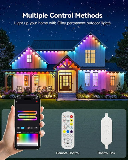 Ollny 100FT 60LED Permanent Outdoor Lights, APP Control RGB Outdoor Lights 100 Scene Modes with Remote, DIY Music Modes Christmas Light for Holiday Xmas Halloween Decorations