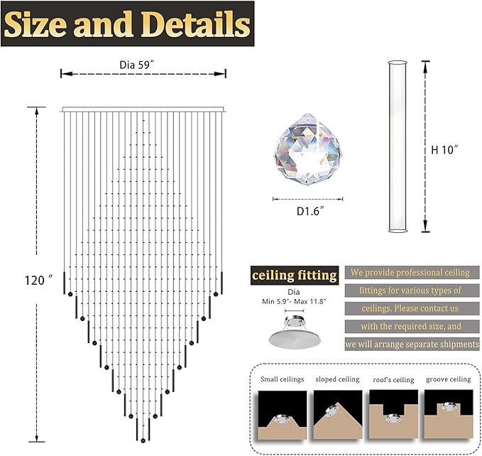 Flashing God D59''X H120'' Extra Large Chandeliers for High Ceilings Black Square Chandeliers Crystal Raindrop Chandelier for Villa Entrance Foyer LED Dimmable 2700K-6000K