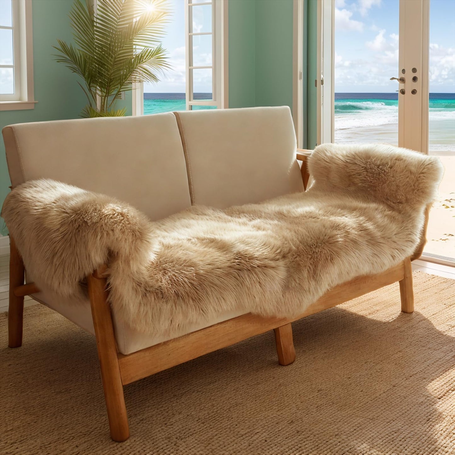 Fluffy Patchwork Sheepskin Rug with Little Patches, Fuzzy Shaggy Fur Genuine Wool Area Carpet for Bedroom Living Room Floor, Pray Pup Mat, Chair Sofa Seat Cover, Light Brown, 2' x 6'