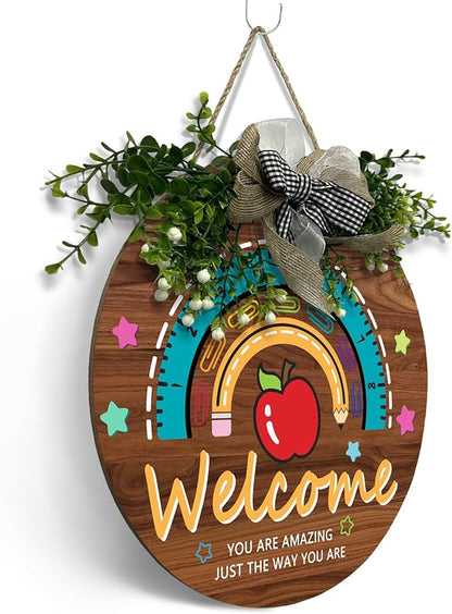 Teacher Classroom Door Sign Wooden Welcome Door Sign for Classroom Apple Star Flower Teacher Wreath for Classroom Door Rainbow Hanging Plaque Kids Classroom 12 inch