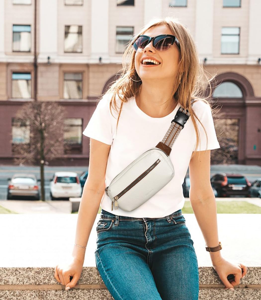 FOXLOVER Small Leather Fanny Packs for Women Waterproof Belt Bag Crossbody Sling Chest Bag Designer Mini Travel Purse(White)
