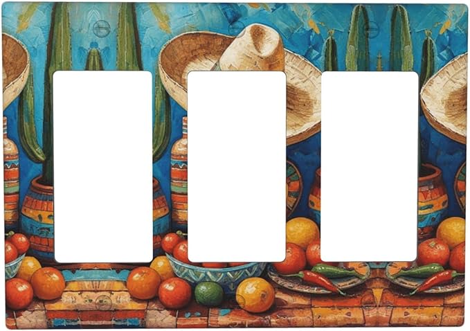 Decorative Art Light Switch Covers Mexican Sombrero & Serape Vibes 3 Gang Triple Rocker Outlet Switch plate GFCI Faceplate GFCI for Home Decor