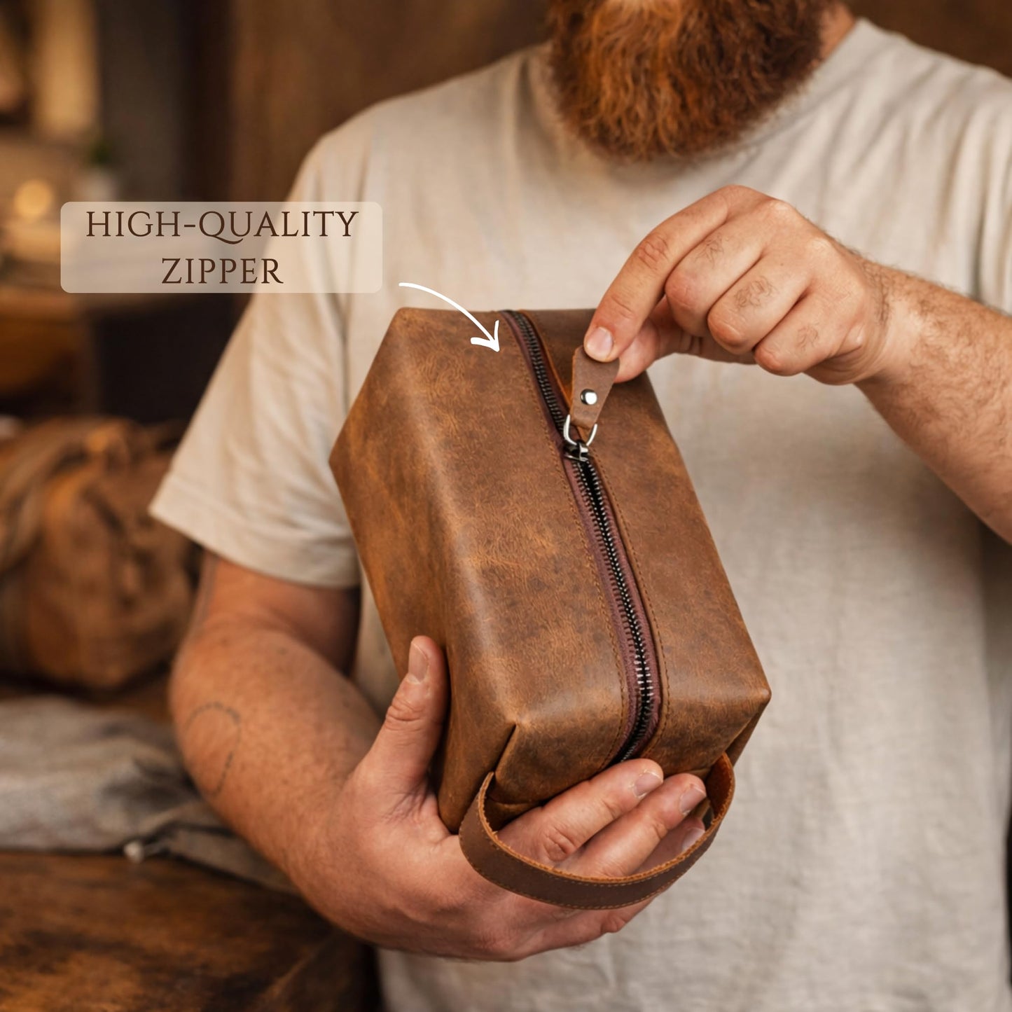Personalized Leather Toiletry Bag for Men - Handmade Custom Travel Size Dopp Kit, Gift for Graduation, Husband, Boyfriend, Birthday, Wedding, Anniversary, Groomsmen, Grandpa, Him, Father’s Day Gifts