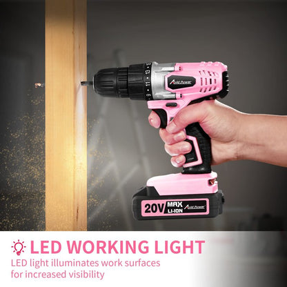 AVID POWER 20V Cordless Drill Set for Home DIY & Beginner Projects - Lightweight Power Drill with Battery Charger & 22 Bits, Variable Speed, 3/8" Keyless Chuck, Ideal for Furniture Assembly (Pink)