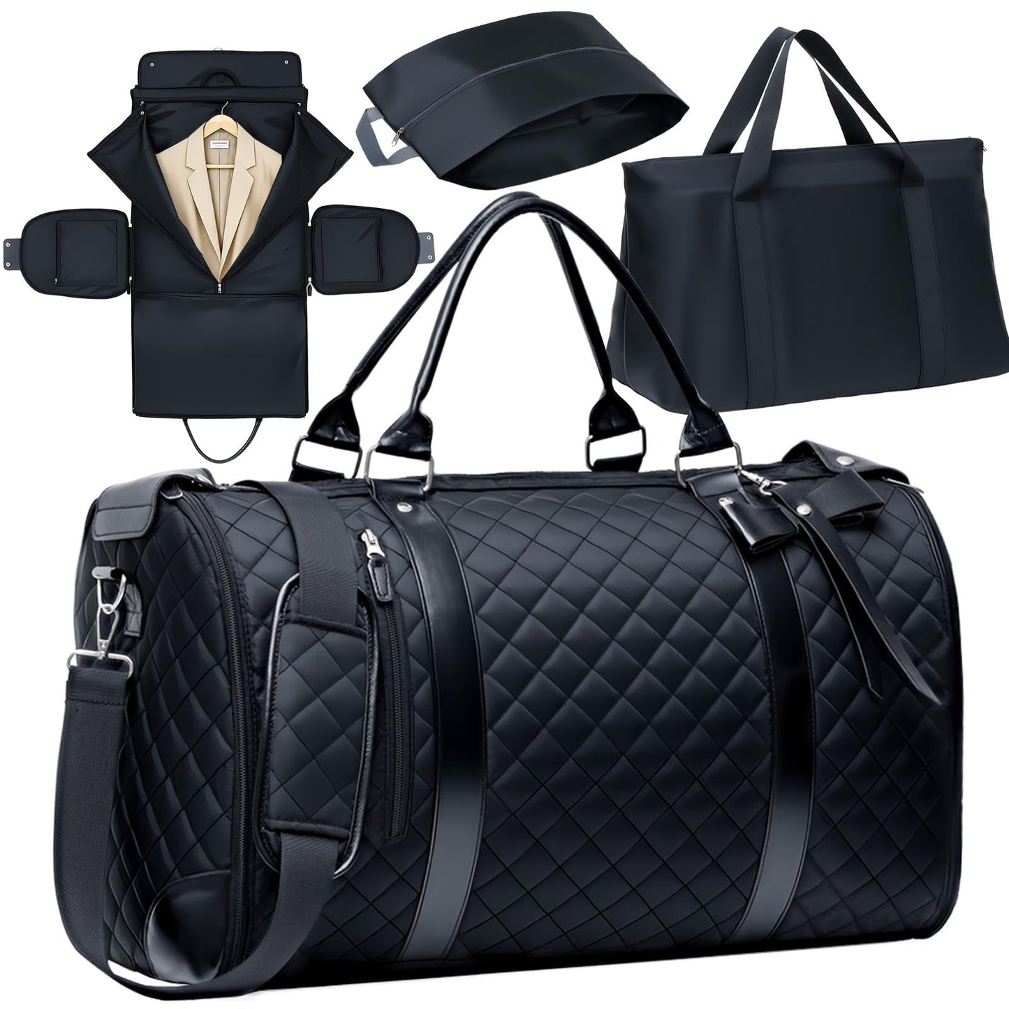 GARPROVM Garment Bags for Travel Women, 3 in 1 Convertible Garment Duffle Bags with Separated Tote Bag, Waterproof Suit Bag Travel Carry On Luggage Weekender Bag for Business Trip, Black